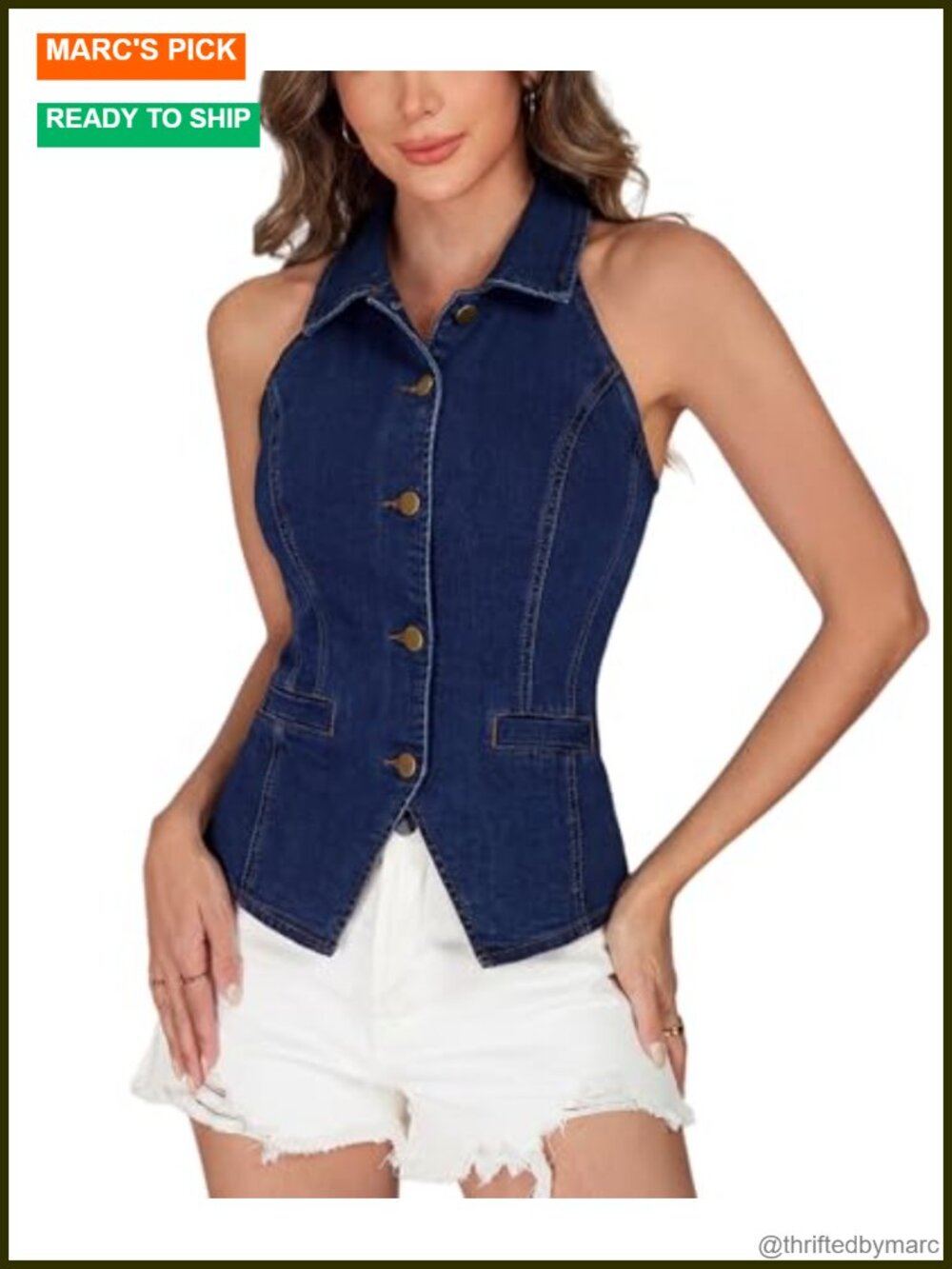 Women's Denim Halter Vest Tops Sleeveless Button Down Jean Vest Blazer Shirt
